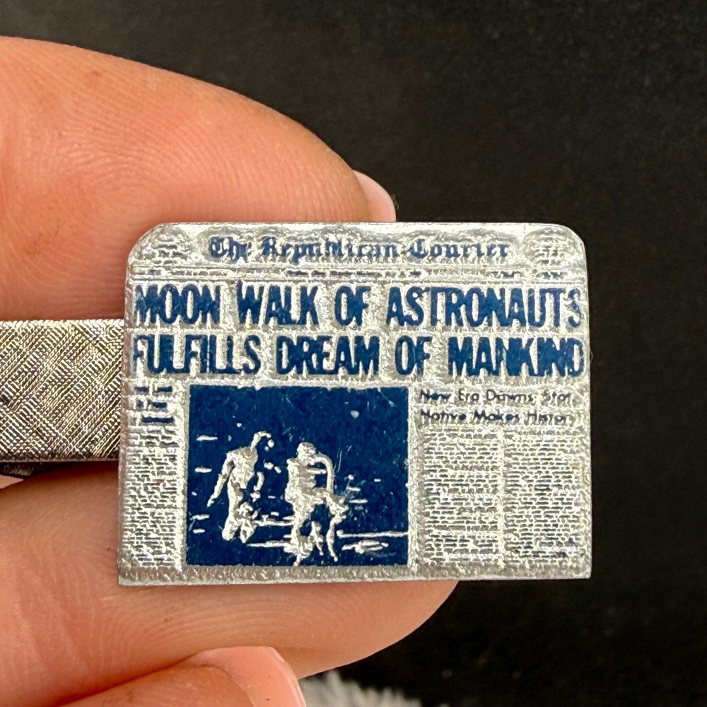 Vintage Estate Tie Clip Moon Walk Newspaper Headline Silver Space Blue 1.5"